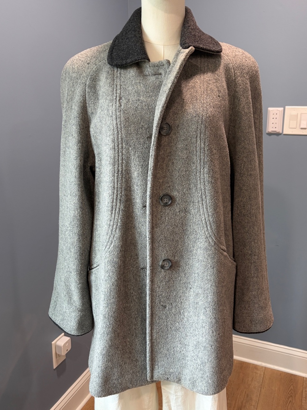London Fog Gray Wool-Blend Pea Coat with Dark Contrast Collar